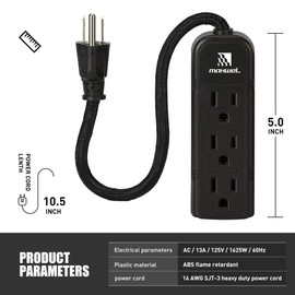Power Strip Wall Mountable - ETL Listed 3 Grounded Outlets 10 Inch Long Braided Extension Cord Black Mini Power Strips with No Surge Protector AC 13A 125V 1625W
