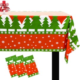 Christmas Tablecloth Disposable - Plastic Christmas Table Cover Red Green White Color - Xmas Snowflake Reindeer Tree Table cloth for Christmas Party Table Decorations - Rectangle, 54 x 108 inches (3)