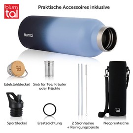 Blumtal Thermosflasche 1L - doppelwandige Trinkflasche Edelstahl 1L - Isolierflasche 1L BPA frei - Edelstahl Trinkflasche 1L/Teeflasche - Trinkflasche Thermo 1L - Thermos 1L - Grey Blue & Dark Ocean
