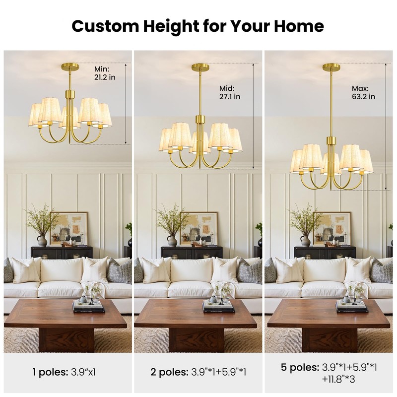 Linour Gold 5 Light Chandelier for Dining Room, Fabric Shade