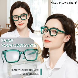 MARE AZZURO Large Reading Glasses Women Retro Square Readers 100 125 150 175 200 225 250 275 300 350 400 500 600 (Green, 1.00)