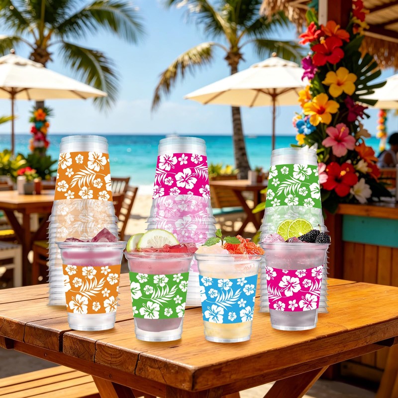 ANYMONYPF 60 PCS Hawaii Luau Plastic Cups 12oz Tropical Hibiscus