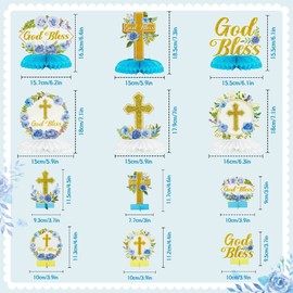 ANGOLIO 12Pcs Blue Floral God Bless Honeycomb Centerpieces Baptism Party Honeycomb Centerpieces God Bless Christian Party Table Decorations for Baby Boys Girls Gender Reveal Christian Theme Supplies