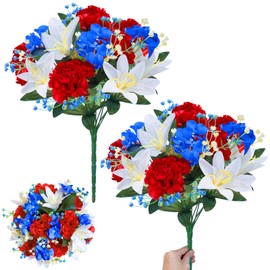 22 Heads Cemetery Flowers for Grave, 2 Bunches 16 Inch Artificial Fake Flowers Patriotic Memorial Bouquets, 4th of July Red White Blue Carnations Lily Hydrangea Flowers for Outdoor Indoor Home Decor