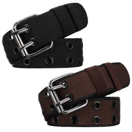 2 Pack Double Grommet Belt, 120 cm Adjustable Canvas Belts Elastic Stretch Belts Vintage Buckle Punk Belts for Women Men