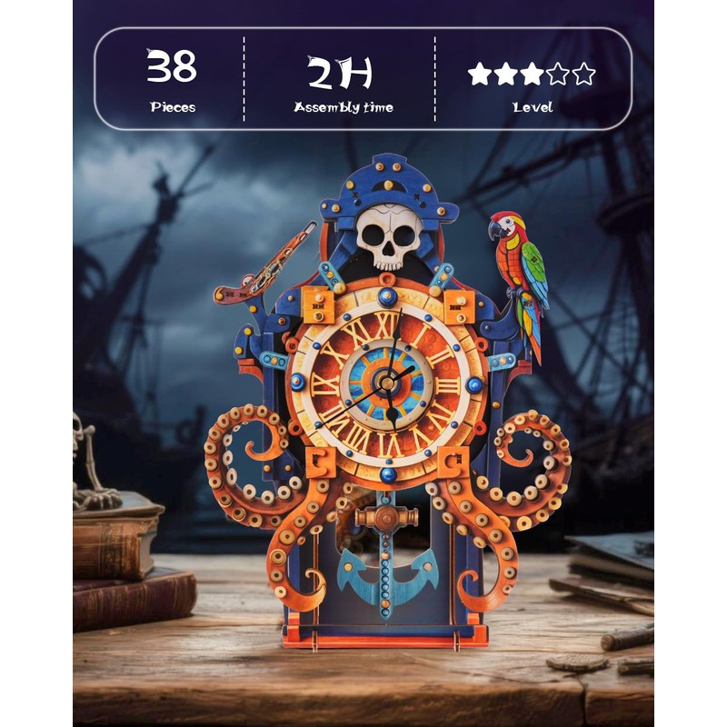Rnfinewow 3D Wooden Puzzles for Adults, Octopus Sea Monster Clock