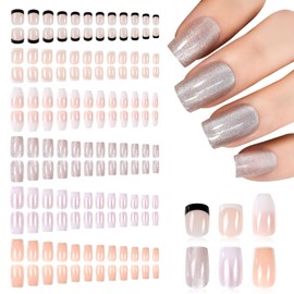 144Pcs 6 Pack Acrylic Ombre Fake Nails Press on Full Cover IKISKT Classic French Natural Nude Color Medium Short False Nail Art Kits Sets Great Christmas Gift for Lady Little Girls
