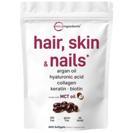 Hair, Skin, and Nails Vitamins | 400 Softgels + MCT Oil for Better Absorption | 22-in-1 Argan Oil, Hyaluronic Acid, Collagen, Keratin,& Biotin Complex | Natural Health and Beauty | Non-GMO, No Gluten