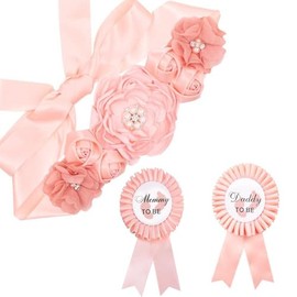 ChungLong0593 Blue Mommy & Daddy to Be Ribbons Flower Belly Belt Set - Ideal for Baby Shower Celebrations-F