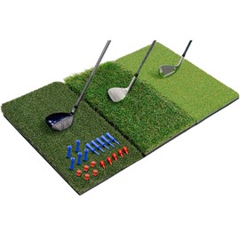 SAPLIZE 30"x15" Foldable 3-in-1 Golf Hitting Mat, Tight Lie, Rough and Fairway for Driving, Chipping, and Putting Training, Portable Golf Practice Tri-Turf Grass Mat