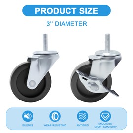 3" Diameter, Shelving Wheel Compatible with Seville Classics Heavy Duty Stem Threader Swivel Locking Casters Set for Office, Kitchen, Garage, Warehouse, 4 Wheels
