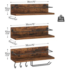 HOOBRO Wall Mounted Wine Rack 3 Pack, Wine Shelf Hanging Floating Wall Shelves, Wine Glass Bottle Rack Stemware Holder, for Living Room, Dining Room, Kitchen, Rustic Brown and Black BF33BJ01