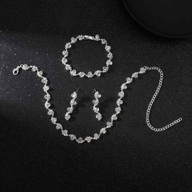 Ushiny Wedding Jewellery Sets Silver Bridal Rhinestone Necklace Earrings Bracelets Sets Zirconia Jewellery Set Bridesmaids Jewellery Set for Women and Girls, Silver Gemstone Alloy Steel, Rhinestone,