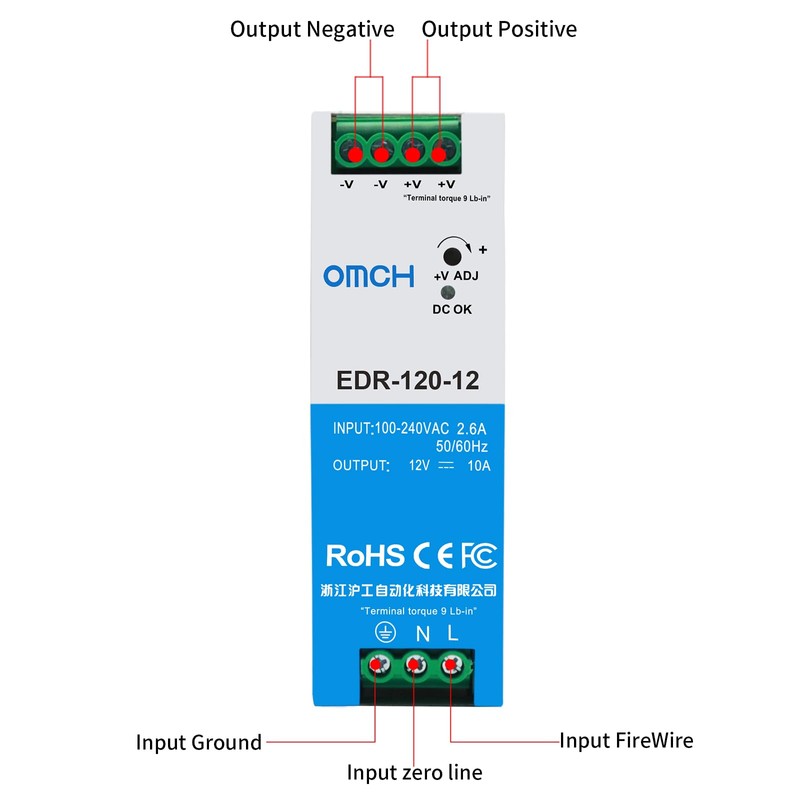 OMCH EDR-120-12 DIN Rail Switching Power Supply, 120W 12V 10A