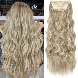 KooKaStyle Clip in Synthetic Highlight Hair Extensions Long Wavy 4PCS Thick Hairpieces Ash Brown mix Platinum Blonde Fiber Double Weft Natural Hair Extensions 24 Inch for Women