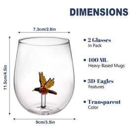 3D Eagles Stemless Wine Glass, Set of 2 Hand Blown Drinking Glasses, Unique Eagles Gifts for Man, Eagles Cup Gift Wine Glass for Men Dad Boyfriend Lover Husband, Birthday Party(14oz)