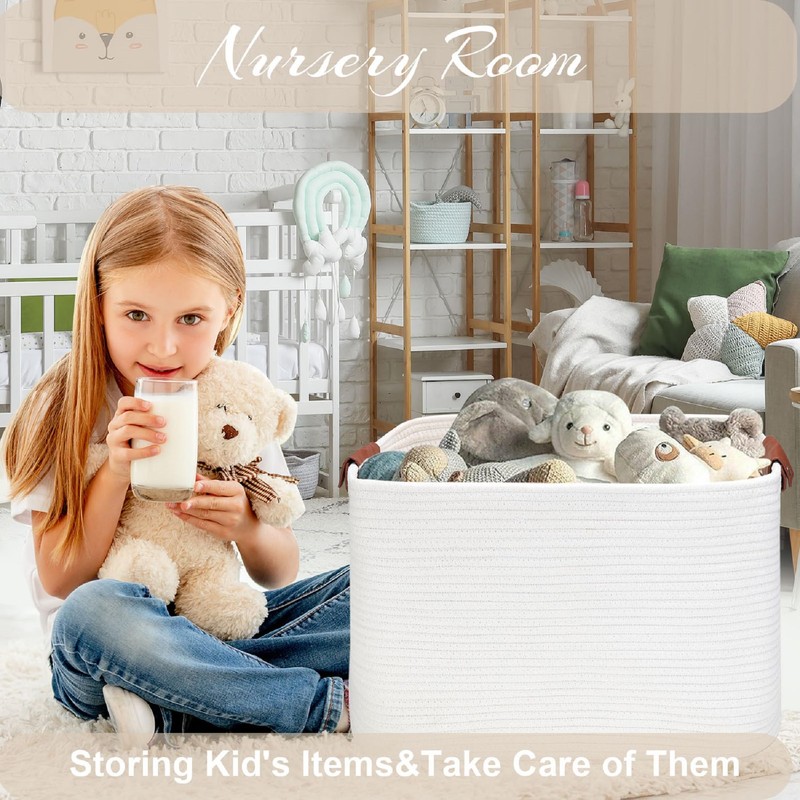 Large Cotton Rope Storage Basket with Leather Handles, Laundry Hamper