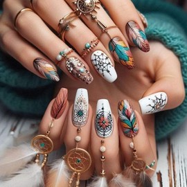 Press on Nails Medium Coluful Feather False Nails Cute Wind Chimes Pattern Design Ballet Shaped Nails Artificial Coffin Nails Full Cover Stick on Nails Glossy Accrylic Glue on Nails for Women