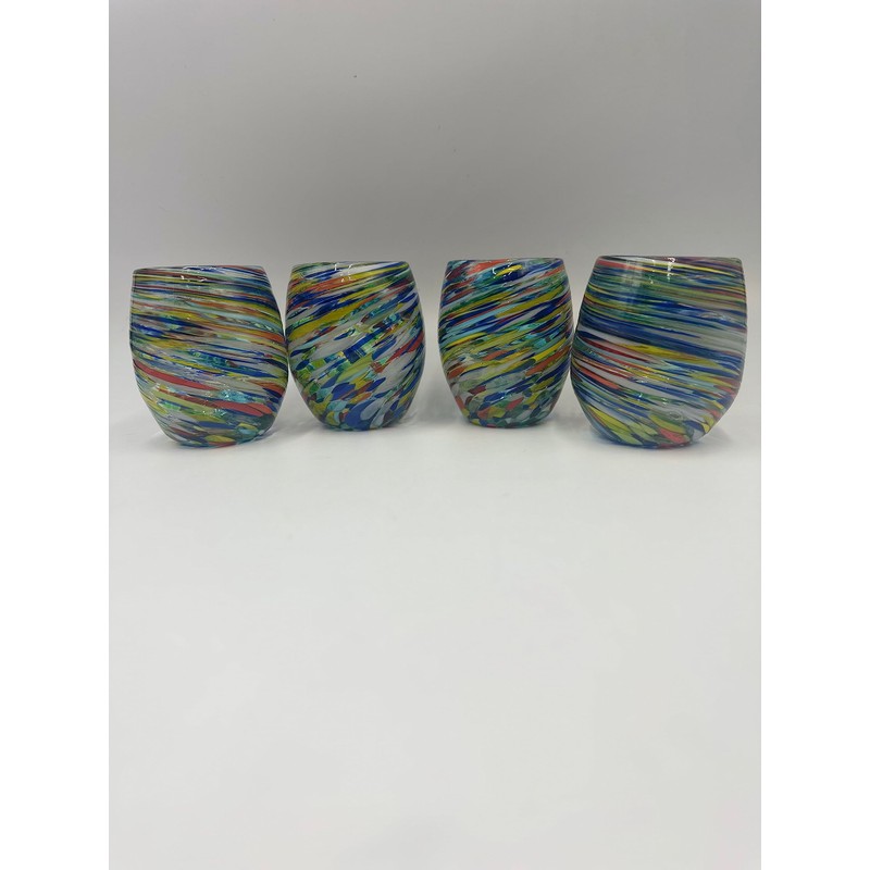 Handblown Confetti Stemless Wine Glass with Colorful Swirl Design (Set