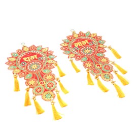 Set of 2 Shubh Labh Handmade Velvet Cloth Flower Design Door Hangings Rajasthani Work For Home Latkan Toran For Entrance Door Indian Traditional decor Decorations (Size:-18"X9")(Multicolour)