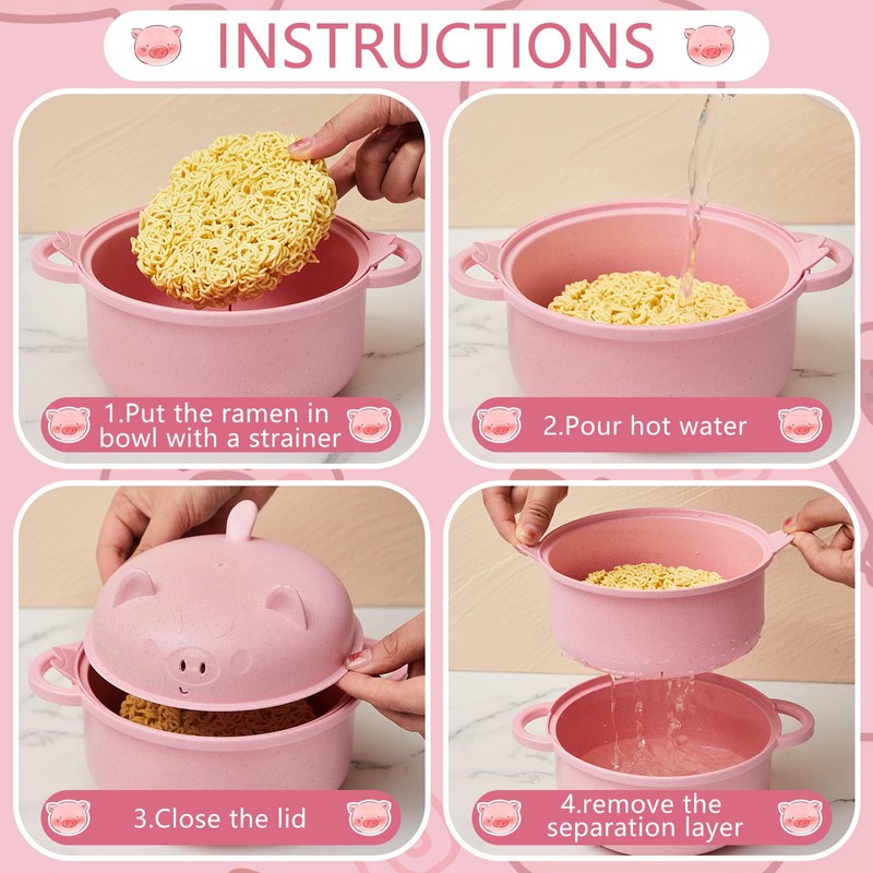 Romooa Large 45oz Cute Ramen Bowl Set Microwavable Pig Ramen