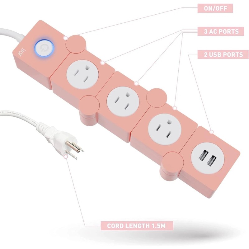 iJoy Flexible Power Strip - 3 AC Outlets and 2