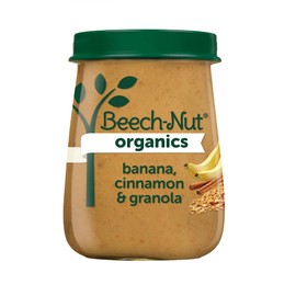 Beech-Nut Organic Baby Food Jars, Organic Banana Cinnamon & Granola Puree, Stage 2 Baby Food for Babies 6 Months and Up, Non-GMO, 4oz Glass Jars, 10ct