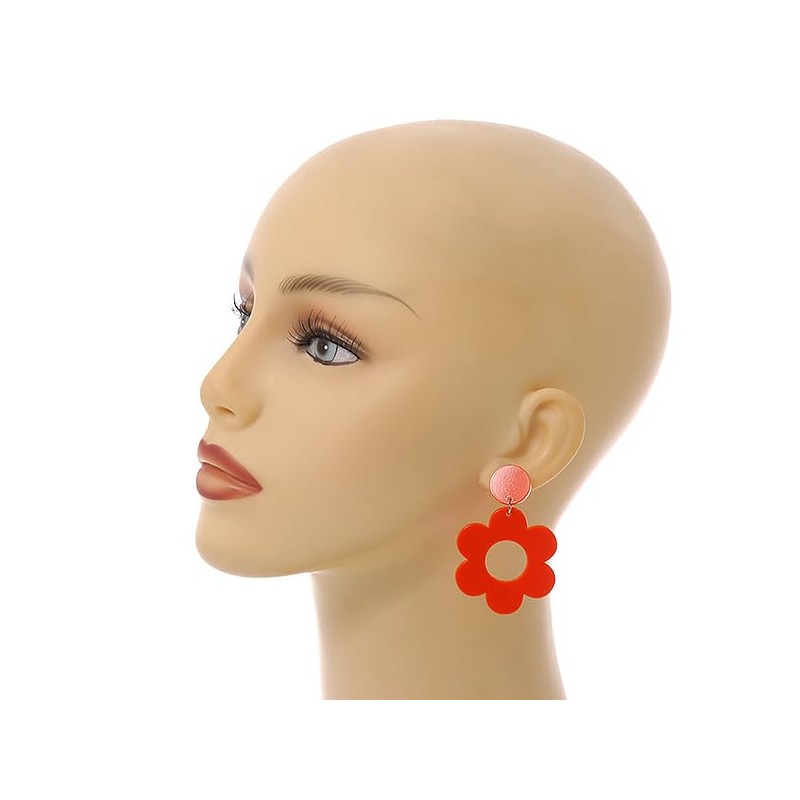Orange Plastic Open Cut Flower Drop Earrings - 55mm Long