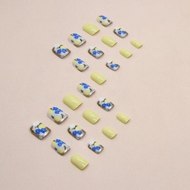 GXOIPNS Short Square Press-On Nails, 24 Pcs Yellow Glossy Plastic False Nails with Flower Fruit Designs, Full Cover, Quick to Put On