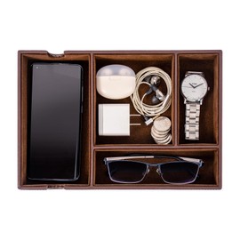 Leather Valet Tray for Men with PU Leather, Nightstand Bedside Organizer Trays &Dresser Top Organizer for Men, Dump Tray for Home, Wonderful Gifts for Business and Festival (Brown)