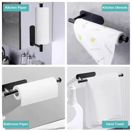 Yarmchahk Paper Towel Holder, Wall Mount or Self Adhesive, SUS304 Stainless Steel Black Paper Towel Holders for Cabinet, Counter, Kitchen, Bathroom, Rustproof and Waterproof, Black