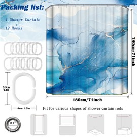 Shower Curtain Blue Mould Proof Resistant Waterproof Marbling Bathroom Curtains with 12 hooks Quick-Drying Weighted 180x180cm (71x71Inch) Polyester Shower Curtains for Bathroom Wet Room Tub