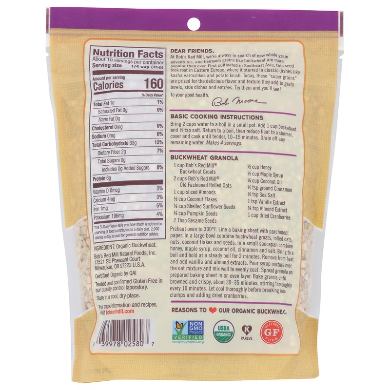 Bob's Red Mill Organic Gluten Free Buckwheat Groats, 16oz (Pack