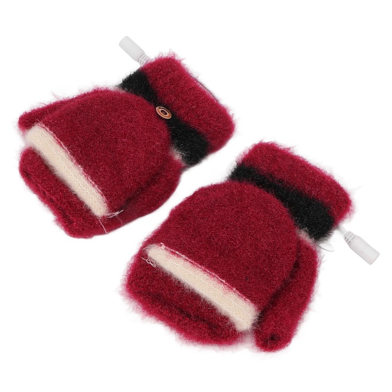 USB Heated Gloves Half Fingerless Flip Burgundy Double Sided Knit