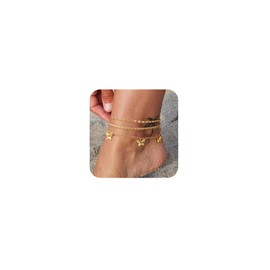 MFRYK Gold Ankle Bracelets for women,14K Gold Plated Waterproof Layered lightweight Cuban Link Rope Chain Figaro Chain Butterfly Ankle Bracelets Set Gold Anklets for women Trendy Jewelry Gift For Women