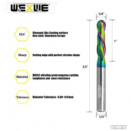 WEXWE Tools Extra Long Ball Nose Carbide End Mill, DLC Coating, CNC Cutting Tools for Aluminum and Wood Cutting, 3D Carving & Engraving. 2 Flute Router Bits，1/4 Shank (1/4-2.5" 2pcs