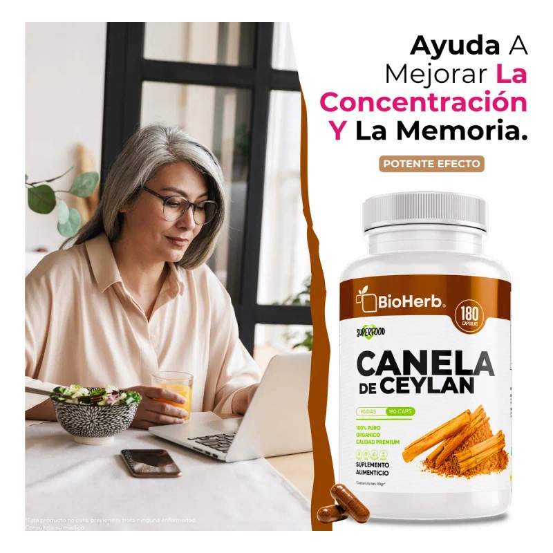 Bioherb Canela Ceylán 100 Pura Certificada Origen 180 Cápsulas Alta