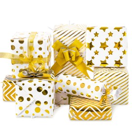 Whaline Gift Wrapping Paper Set 8 Sheet White Gold Wrapping Paper with 10 Pull Bows & 24 Yard Glitter Ribbon Star Dot Stripe Foil Decorative Art Paper for Birthday Christmas Valentine's Day