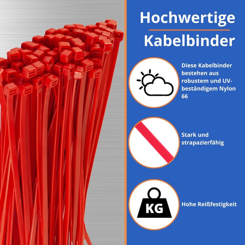 Gocableties 200mm x 2.5mm Heavy Duty Nylon Cable Ties Red