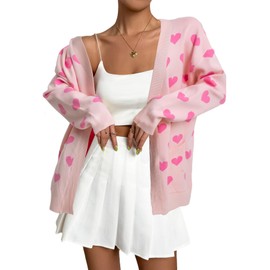 Heart Cardigan Sweater for Women Oversized Valentine Cardigan Cute Love Print Open Front Knit Sweaters Coat with Pockets Pink