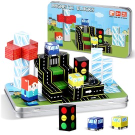 QOUBAI 45PCS Mini Magnetic Blocks Travel Toys, Magnet Building Cubes Tiles Set with Portable Iron Case, Learning Activities Gifts for Kids Toddlers Boys & Girls Ages 3-8 (Traffic Road)