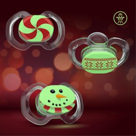 Smilo Baby Pacifier - 3 Pack of Slimline Pacifiers for Babies - Stage 3 for Babies 9+ Months - 100% Silicone Pacifier and BPA Free - Glow in The Dark - Christmas Edition