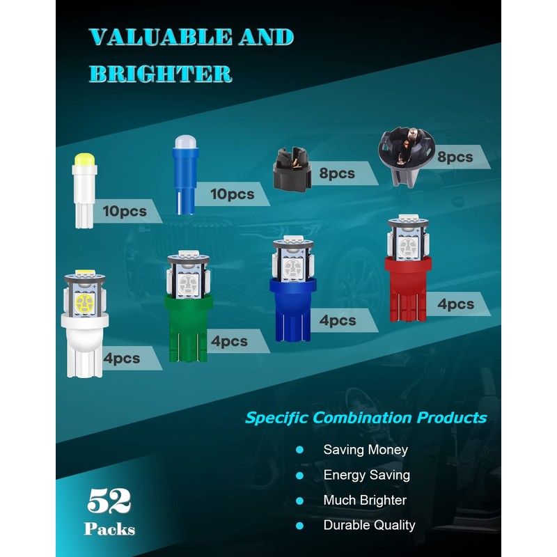 Alopee 52PCS LED Dash Lights and Socket Kits 194 168