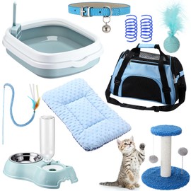 Eccliy Kitten Starter Kit, 10 Piece Cat Starter Kit for Indoor Cats Kitten Essentials Includes Litter Box, Pet Toys, Folding Carrier, Climbing Frame, Mat, Collar, Automatic Food Bow(Blue)