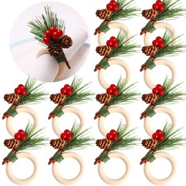 12 Pieces Christmas Napkin Rings, Pine Cones Red Berry Flower Napkin Holder Wooden Napkin Ring for Christmas Thanksgiving Birthday Table Wedding Dinner Parties Decoration Supplies