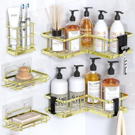 YASONIC Shower Caddy Corner, 5-Pack Shower Corner Shelf with 12 Hooks, Rustproof Shower Storage for Inside Shower, No Drilling Shower Organizer Corner, Large Capacity Corner Shower Shelves, Gold