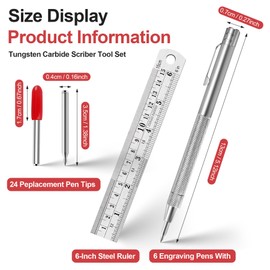 6 Pack Tungsten Carbide Scriber Tools Set - 6 Engraving Pens with 24 Replacement Tips & 6-Inch Steel Ruler, Magnetic Metal Marking Tools for Glass, Steel, Ceramics, Wood, Leather, Welding & Crafting