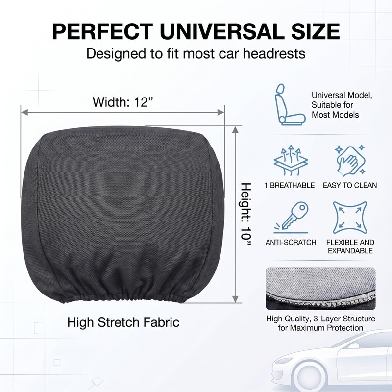 2 PCS Car Seat Headrest Cover, Breathable Stretch Fully Surrounded