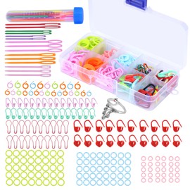 LUNARM Stitch Markers with Large Eye Sewing Needles Crochet Ring Stitch Markers Clips for Crocheting Safety Pin Stitch Marker Ring Locking Clip with Storage Box