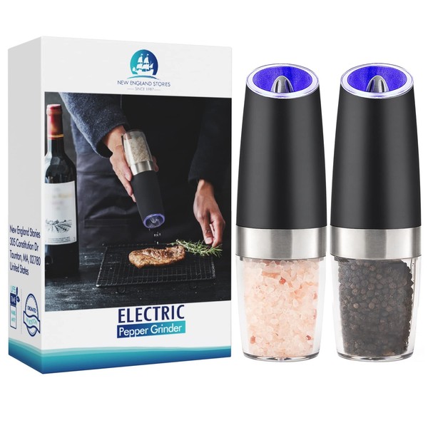 Gravity Electric Pepper and Salt Grinder Set, Battery Operated Pepper Mill with Blue LED Light, One Hand Operation, Flip to Grind, Adjustable Coarseness